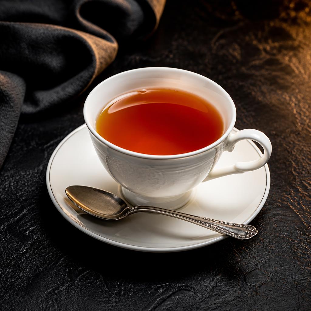 Cup of hot amber tea in white porcelain
