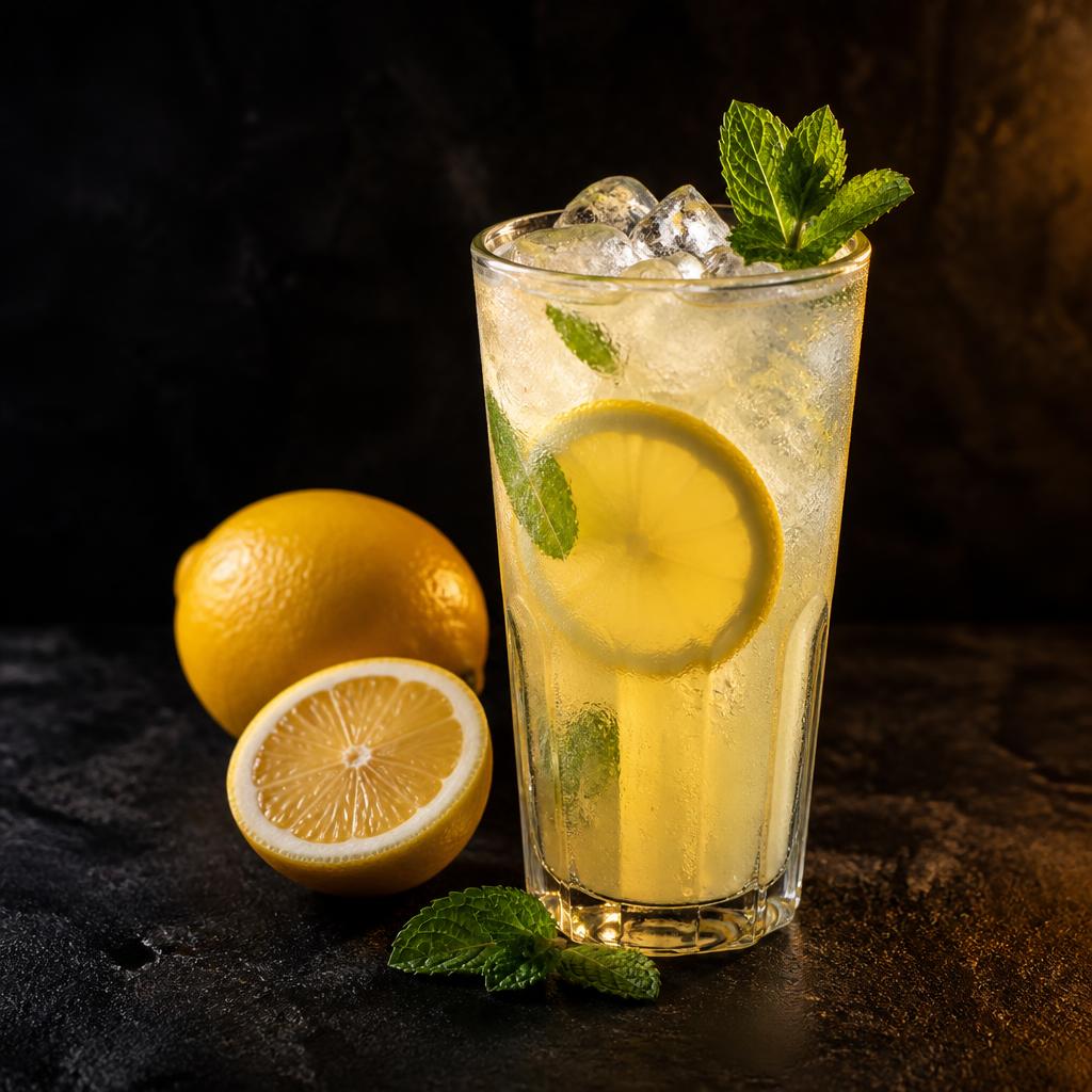 Fresh iced lemonade with lemon and mint