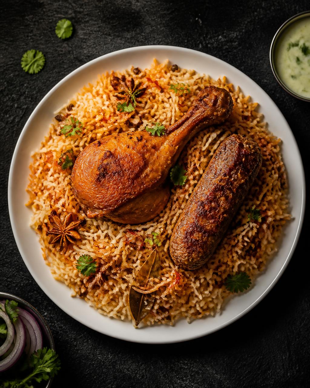 Cravians chicken biryani with roasted drumstick and kebab