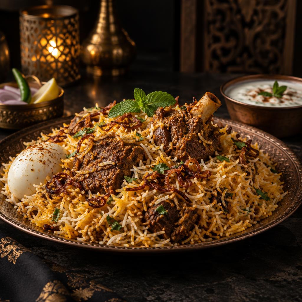 Mutton biryani plated with saffron rice, tender meat, fried onions and raita