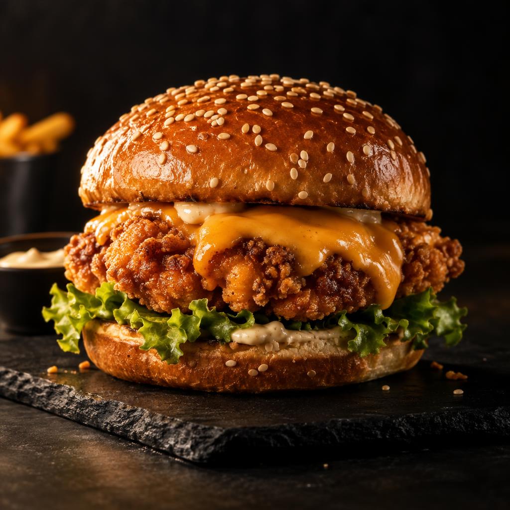 Crispy chicken burger with cheese and lettuce on a toasted sesame bun