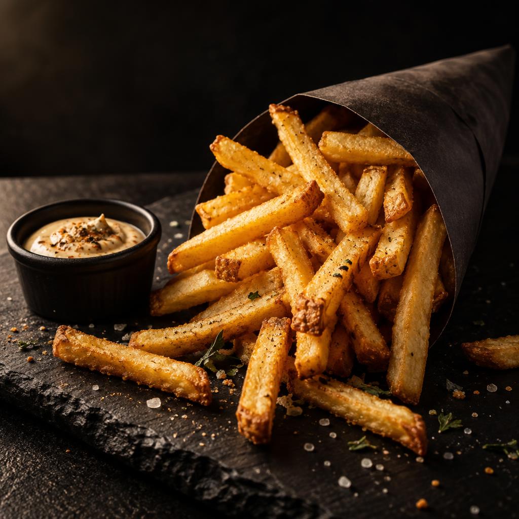 Golden crispy fries served in a cone with a creamy dip