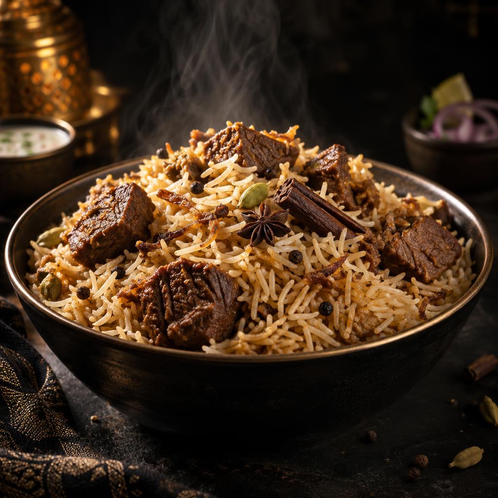 Beef pulao in a dark bowl topped with tender meat and whole spices