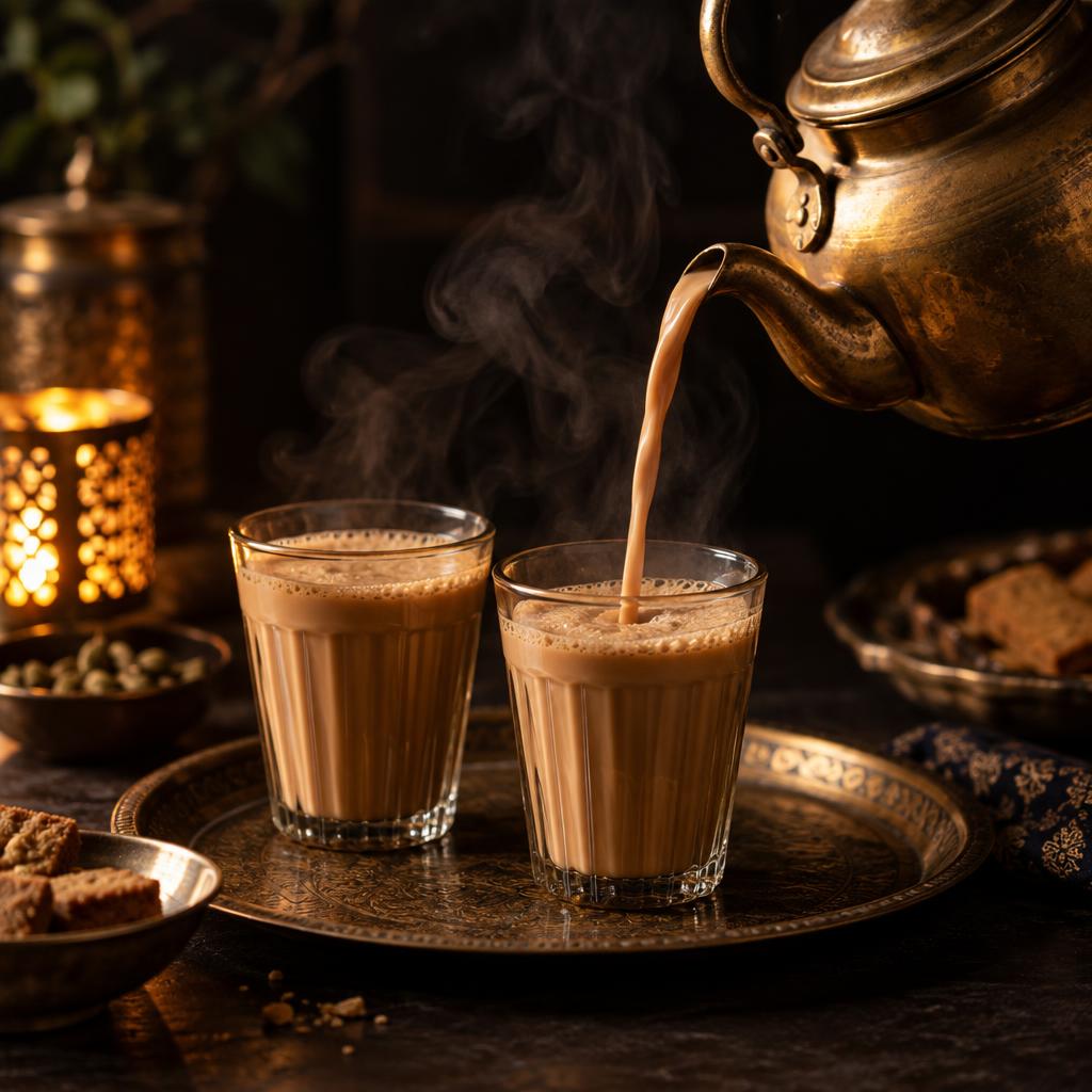Milky doodh patti chai poured from a brass pot into glass cups